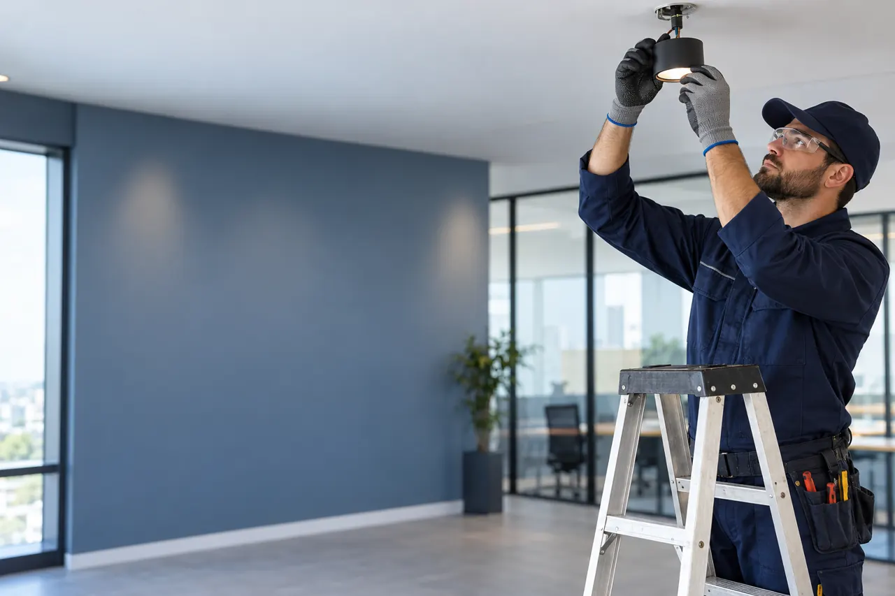 Imagem ilustrativa de eletricista instalando uma luminária em ambiente comercial.