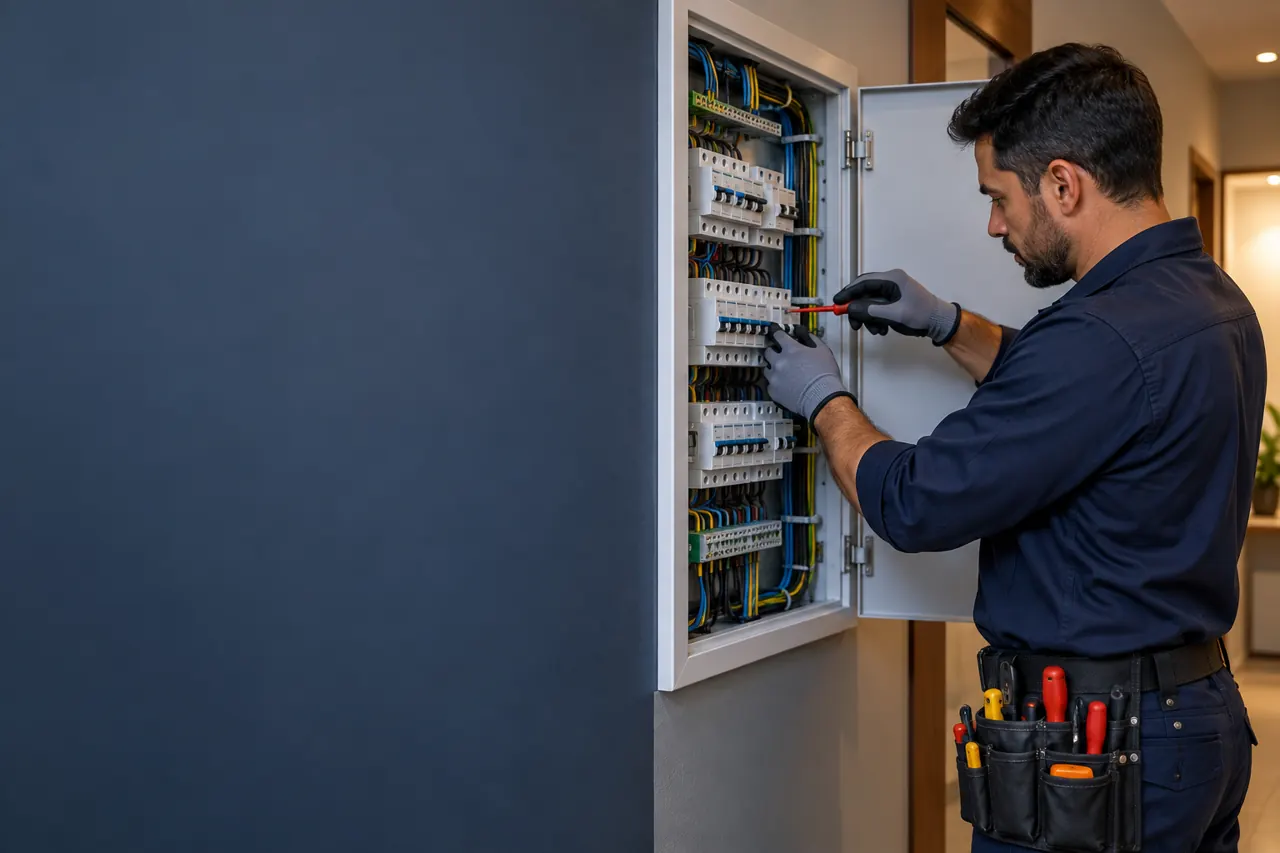 Imagem ilustrativa de eletricista trabalhando em quadro de distribuição elétrica.